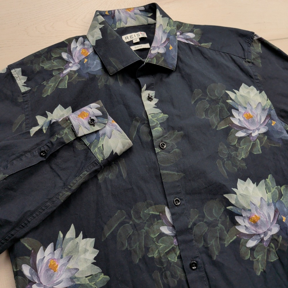 Reiss Bondi Shirt Mens M Slim Fit Floral Cotton Button Down Black Water Lily
